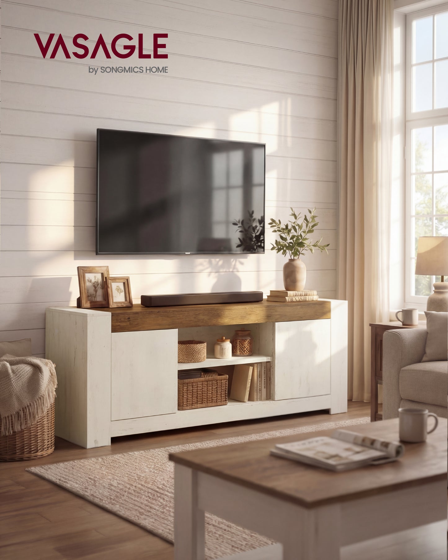 VASAGLE TV Stand, Farmhouse Entertainment Center with Storage Cabinets, Media Console Table for 65 Inch TV, Rustic White and Honey Brown