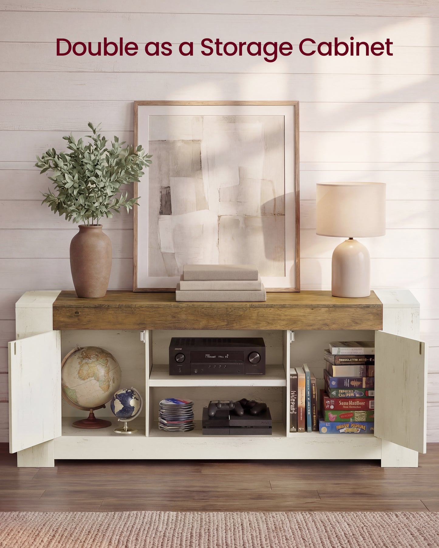 VASAGLE TV Stand, Farmhouse Entertainment Center with Storage Cabinets, Media Console Table for 65 Inch TV, Rustic White and Honey Brown