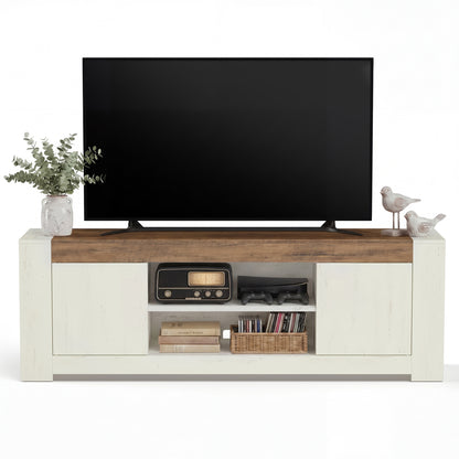 VASAGLE TV Stand, Farmhouse Entertainment Center with Storage Cabinets, Media Console Table for 80 Inch TV, Rustic White and Honey Brown