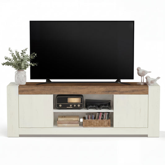 VASAGLE TV Stand, Farmhouse Entertainment Center with Storage Cabinets, Media Console Table for 80 Inch TV, Rustic White and Honey Brown