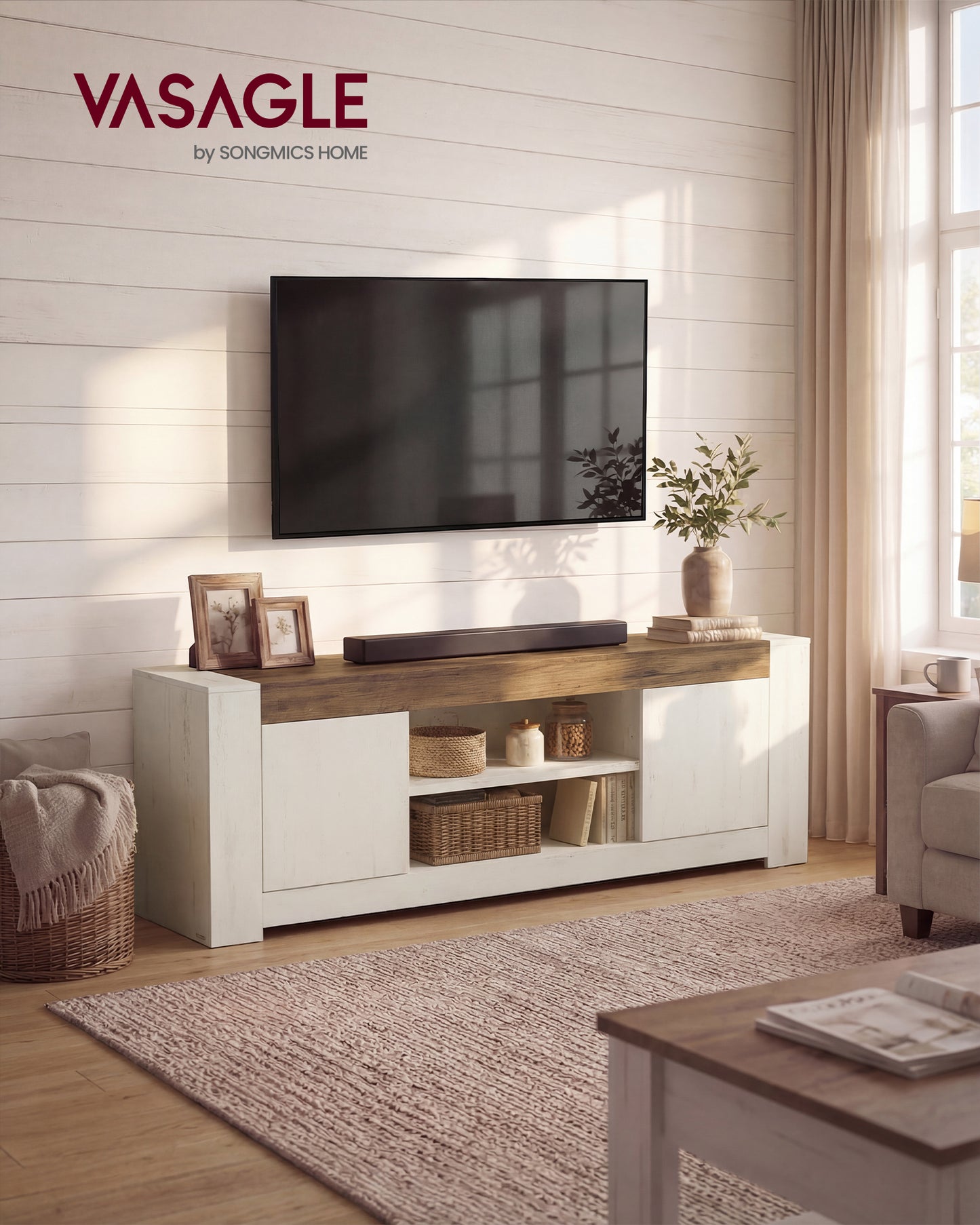 VASAGLE TV Stand, Farmhouse Entertainment Center with Storage Cabinets, Media Console Table for 80 Inch TV, Rustic White and Honey Brown