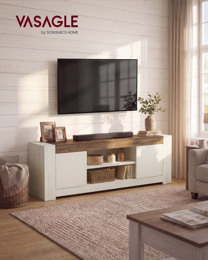 VASAGLE TV Stand, Farmhouse Entertainment Center with Storage Cabinets, Media Console Table for 80 Inch TV, Rustic White and Honey Brown