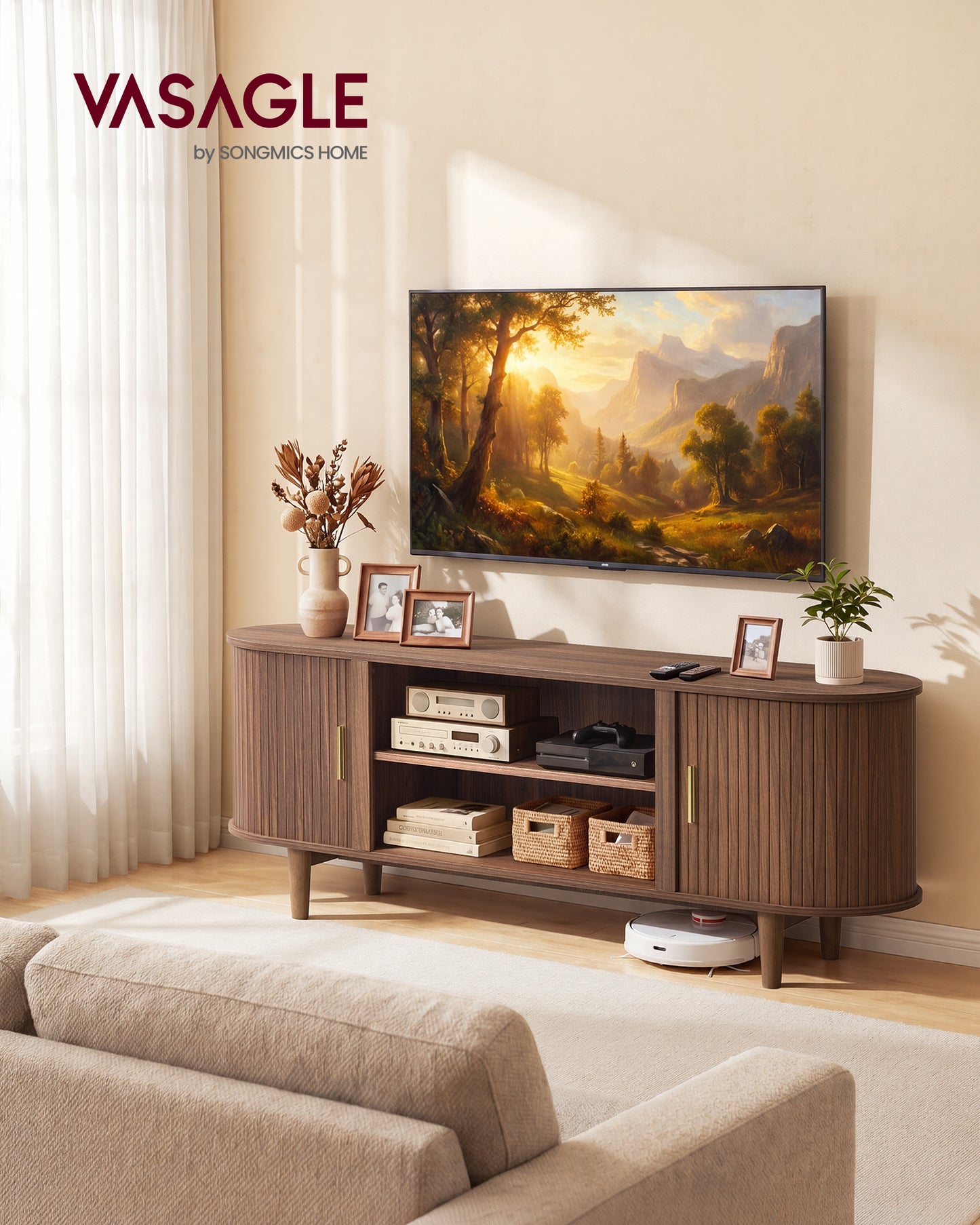 VASAGLE TV Stand for 65-Inch TVs, Mid Century Entertainment Center with Storage, Fluted Sliding Doors, Media Console Table, Chestnut Walnut