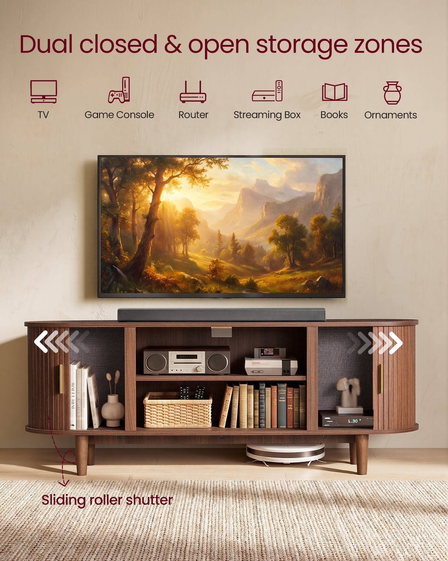 VASAGLE TV Stand for 65-Inch TVs, Mid Century Entertainment Center with Storage, Fluted Sliding Doors, Media Console Table, Chestnut Walnut