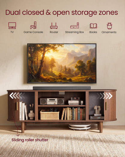 VASAGLE TV Stand for 65-Inch TVs, Mid Century Entertainment Center with Storage, Fluted Sliding Doors, Media Console Table, Chestnut Walnut