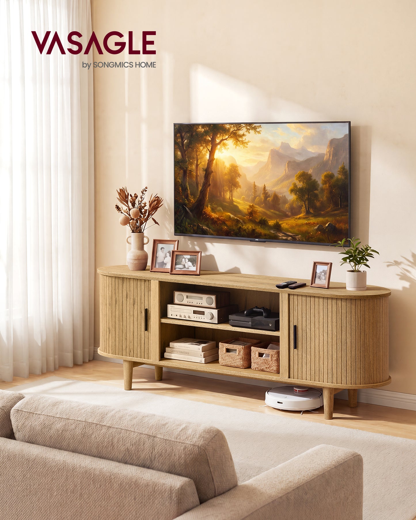 VASAGLE TV Stand for 65-Inch TVs, Mid Century Entertainment Center with Storage, Fluted Sliding Doors, Media Console Table for Living Room, Bedroom