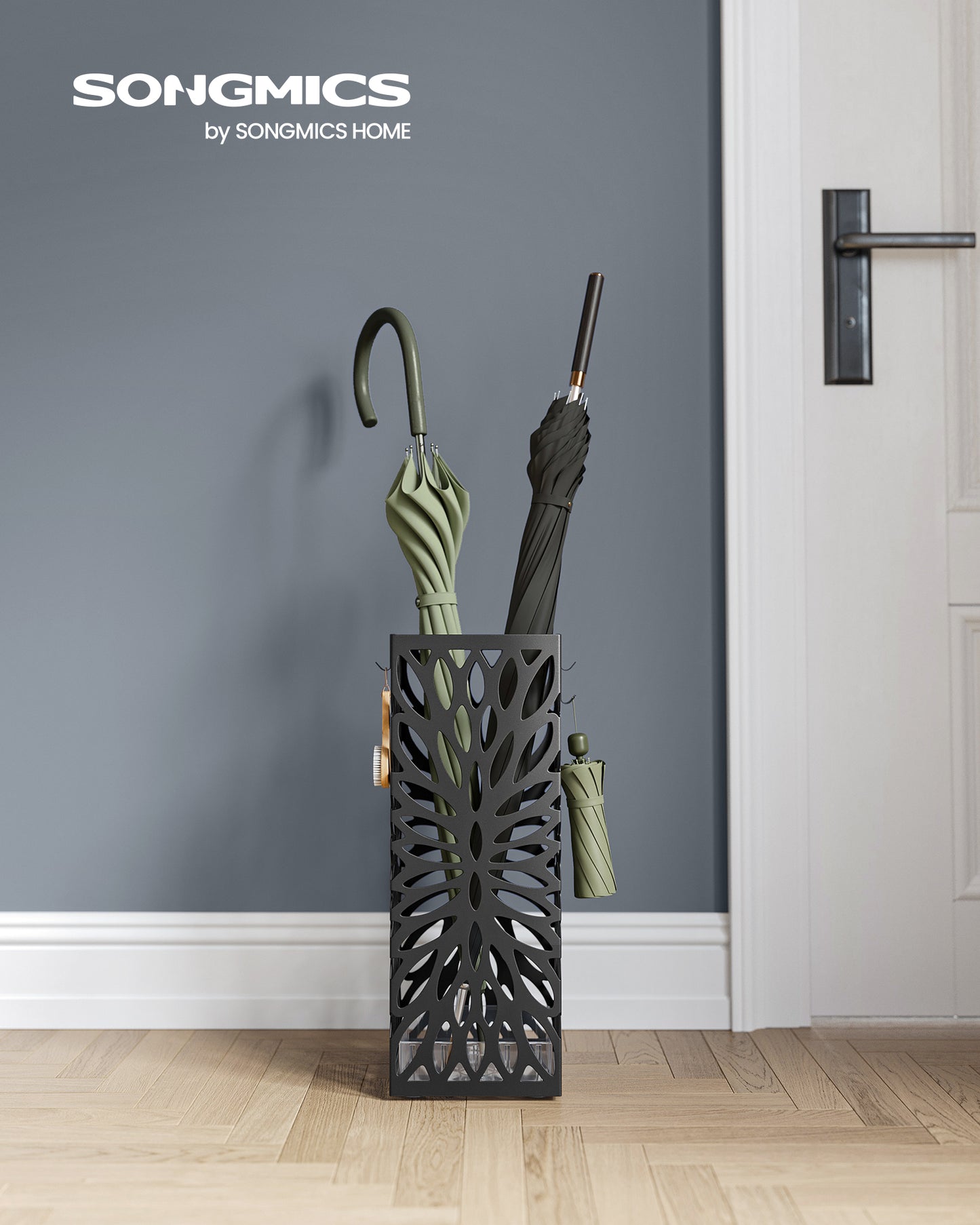 Steel Umbrella Stand with Drip Tray, Freestanding Umbrella Holder with 4 Hooks for Entryway, Organizer for Canes Walking Sticks, Black