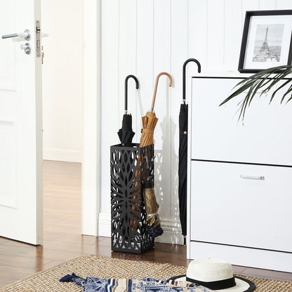 Square Steel Umbrella Stand - Entryway Organizer with Drip Tray & 4 Hooks, Rust-Resistant, Multi-Purpose Use, Black
