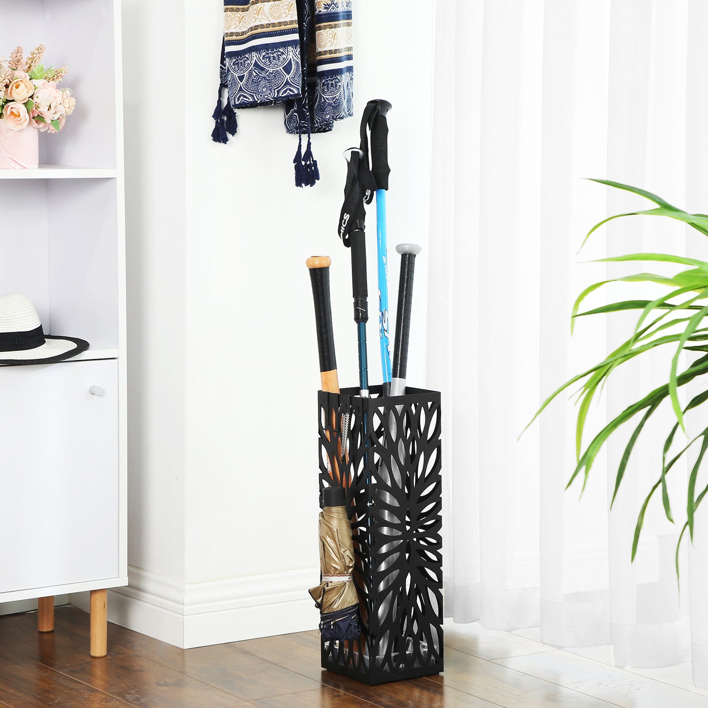 Square Steel Umbrella Stand - Entryway Organizer with Drip Tray & 4 Hooks, Rust-Resistant, Multi-Purpose Use, Black