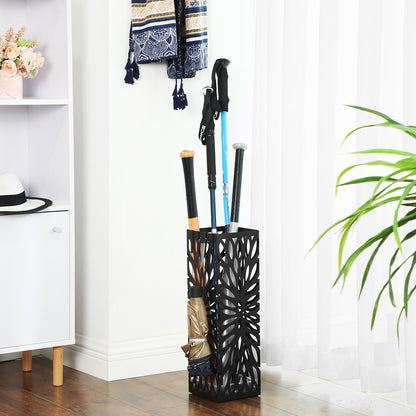 Square Steel Umbrella Stand - Entryway Organizer with Drip Tray & 4 Hooks, Rust-Resistant, Multi-Purpose Use, Black