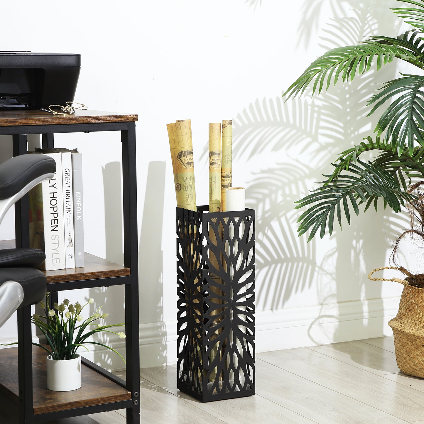 Square Steel Umbrella Stand - Entryway Organizer with Drip Tray & 4 Hooks, Rust-Resistant, Multi-Purpose Use, Black