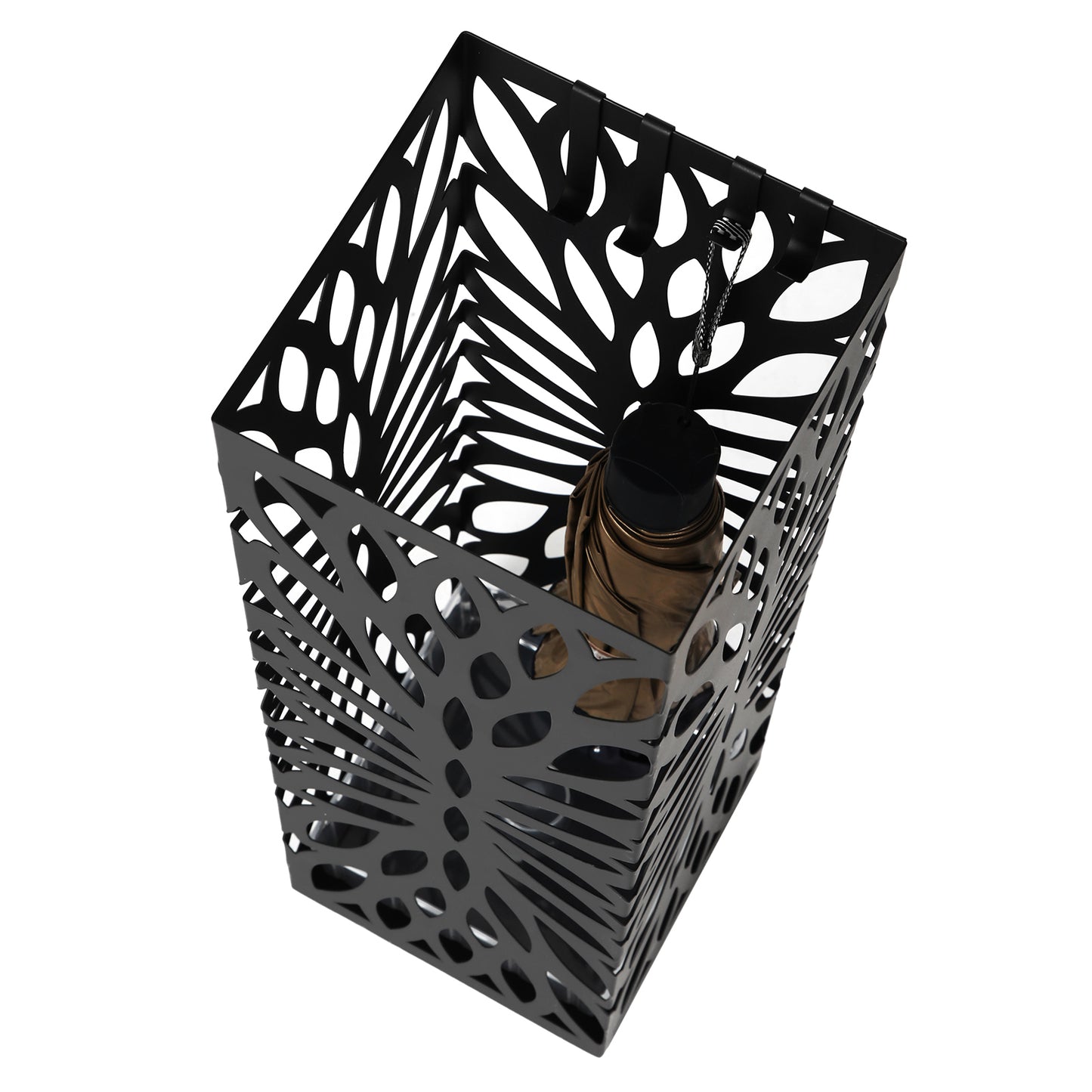 Square Steel Umbrella Stand - Entryway Organizer with Drip Tray & 4 Hooks, Rust-Resistant, Multi-Purpose Use, Black