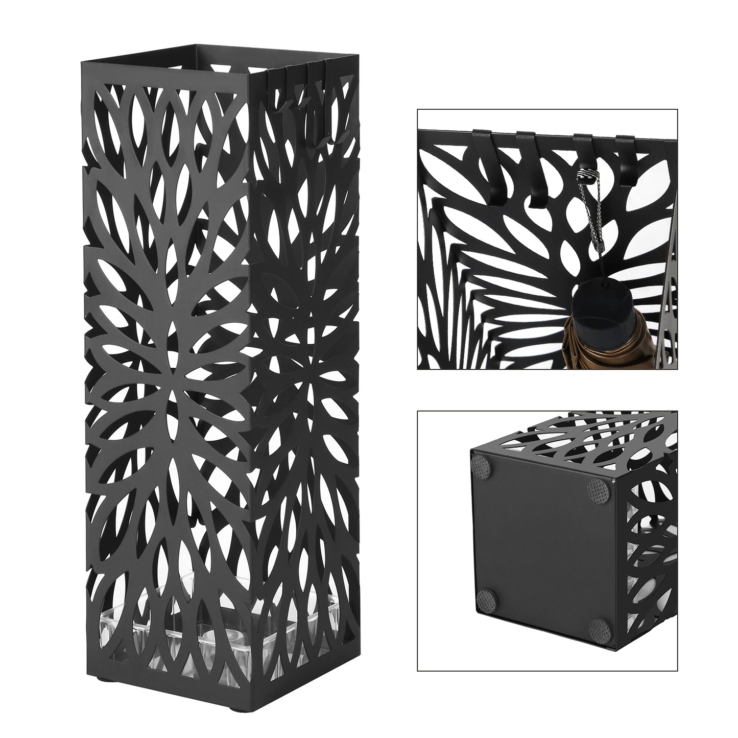 Square Steel Umbrella Stand - Entryway Organizer with Drip Tray & 4 Hooks, Rust-Resistant, Multi-Purpose Use, Black