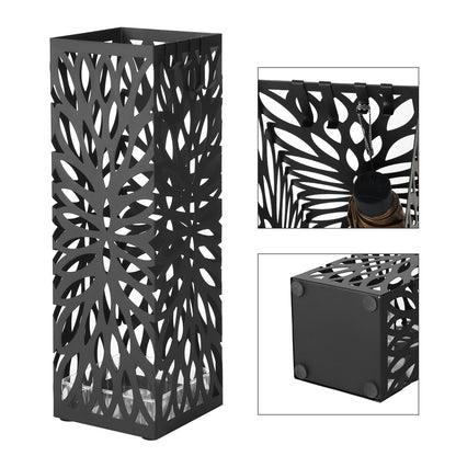 Square Steel Umbrella Stand - Entryway Organizer with Drip Tray & 4 Hooks, Rust-Resistant, Multi-Purpose Use, Black