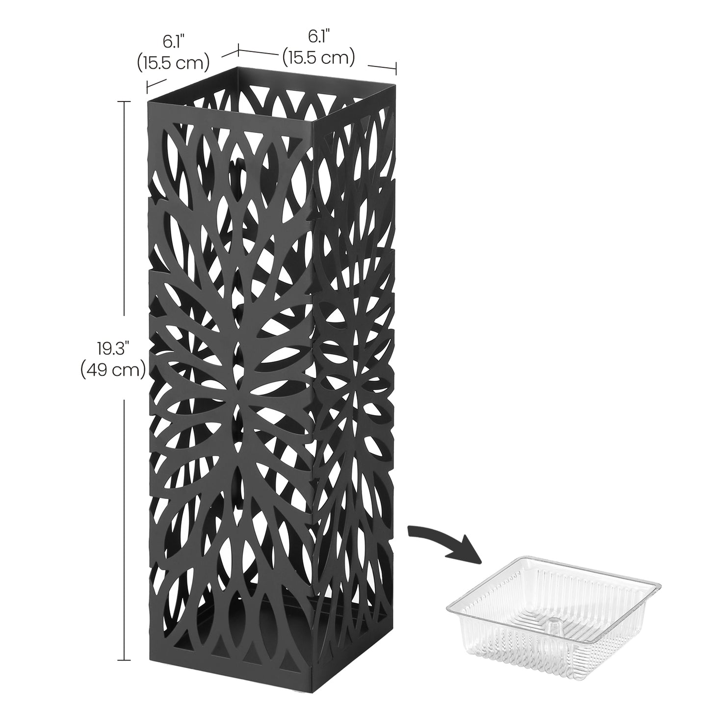 Square Steel Umbrella Stand - Entryway Organizer with Drip Tray & 4 Hooks, Rust-Resistant, Multi-Purpose Use, Black