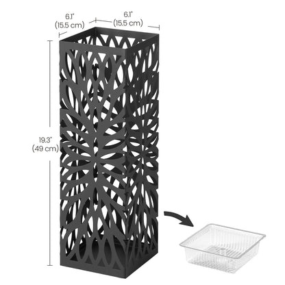 Square Steel Umbrella Stand - Entryway Organizer with Drip Tray & 4 Hooks, Rust-Resistant, Multi-Purpose Use, Black