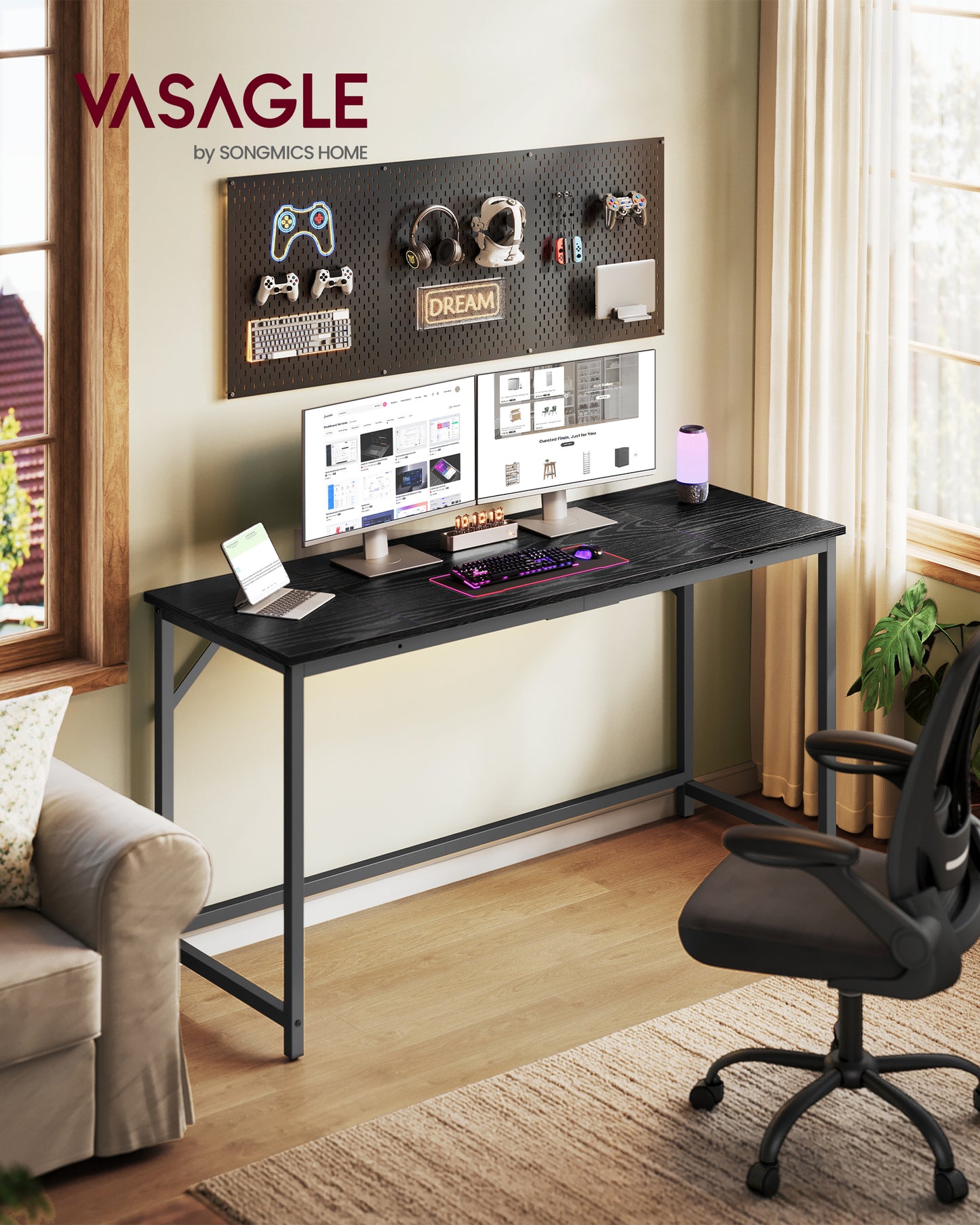 VASAGLE Computer Desk, Steel Frame and Particleboard Gaming Table, 55.1 x 19.7 x 29.9 Inch, Black Wood Grain and Matte Black