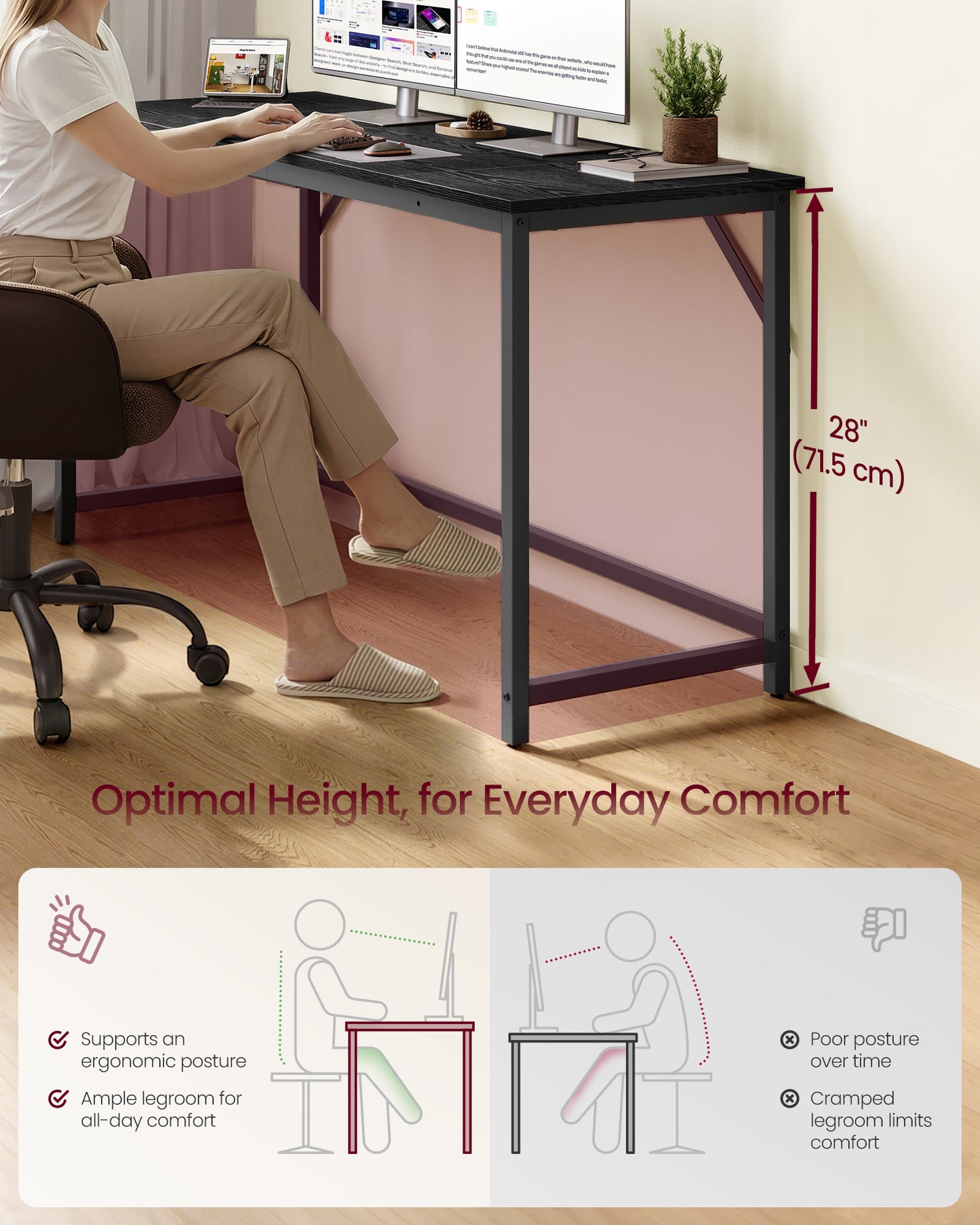 VASAGLE Computer Desk, Steel Frame and Particleboard Gaming Table, 55.1 x 19.7 x 29.9 Inch, Black Wood Grain and Matte Black