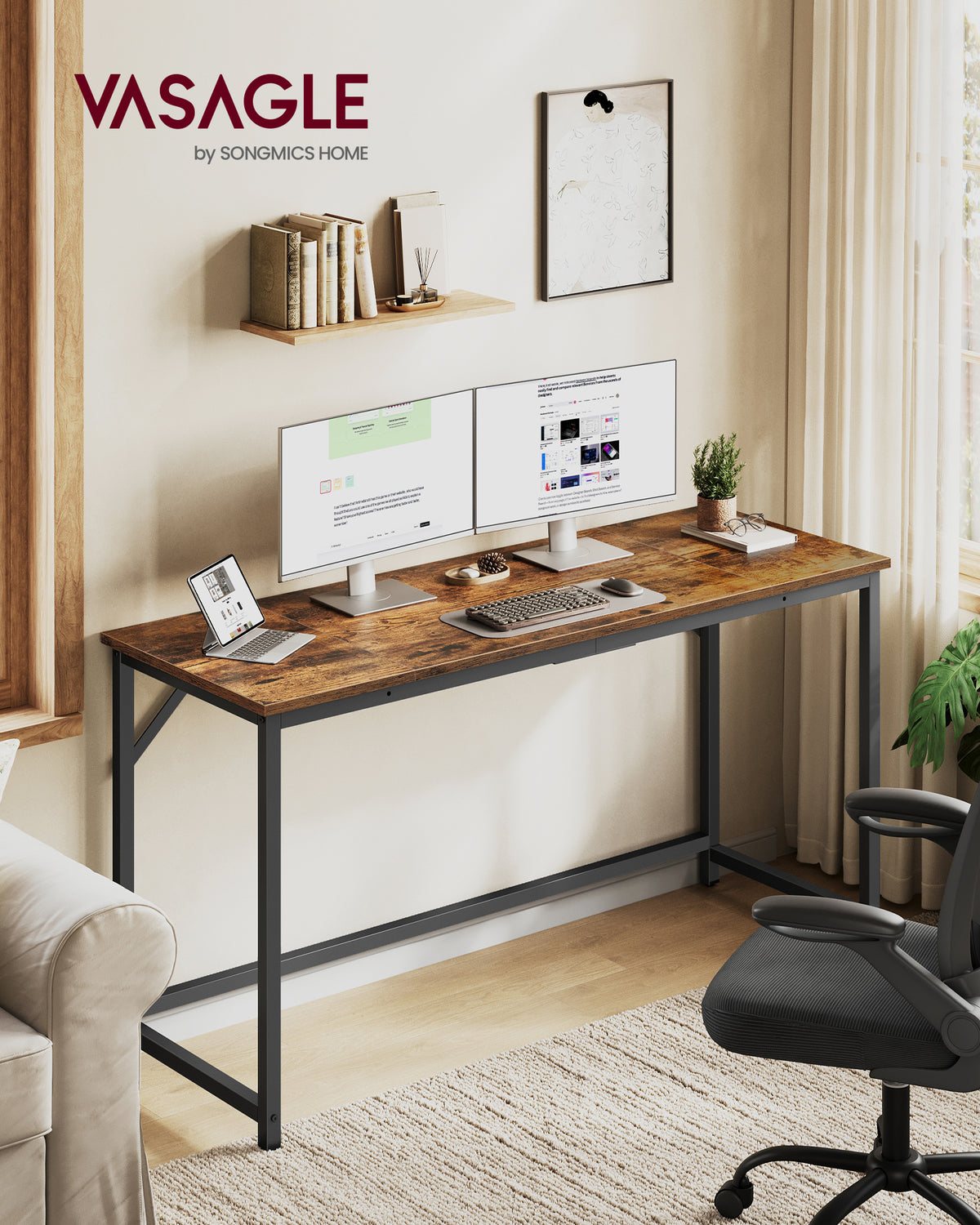 VASAGLE Computer Desk, Steel Frame and Particleboard Gaming Table, 53.1 x 23.6 x 29.9 Inch, Rustic Brown and Matte Black Small Desk for Bedroom and Home Office, Barnet Collection
