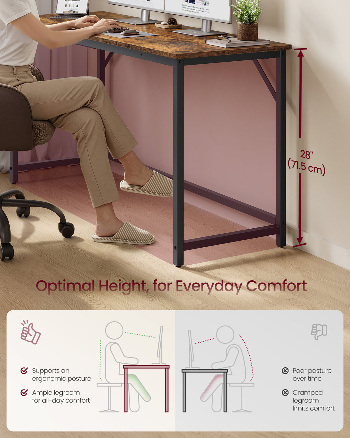 VASAGLE Computer Desk, Steel Frame and Particleboard Gaming Table, 53.1 x 23.6 x 29.9 Inch, Rustic Brown and Matte Black Small Desk for Bedroom and Home Office, Barnet Collection