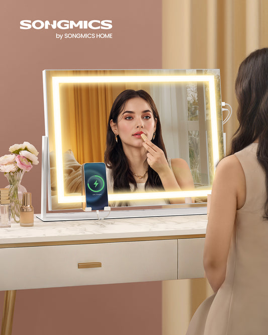 Vanity Makeup Mirror with Lights, 22.8 Inch Adjustable LED Mirror with 3 Color Modes, 10X Magnifier, USB/Type-C Ports & Phone Holder, for Bedroom Bathroom, Matte White