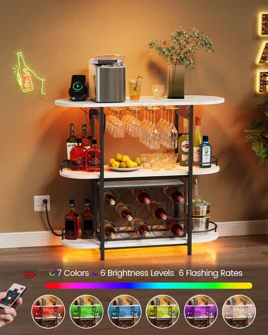 Bar Cabinets for Home, LED Coffee Bar with Power Outlets, Home Mini Bar for Liquor, Freestanding Wine Rack with Glass Holder, Kitchen, Dining Room, Rustic White