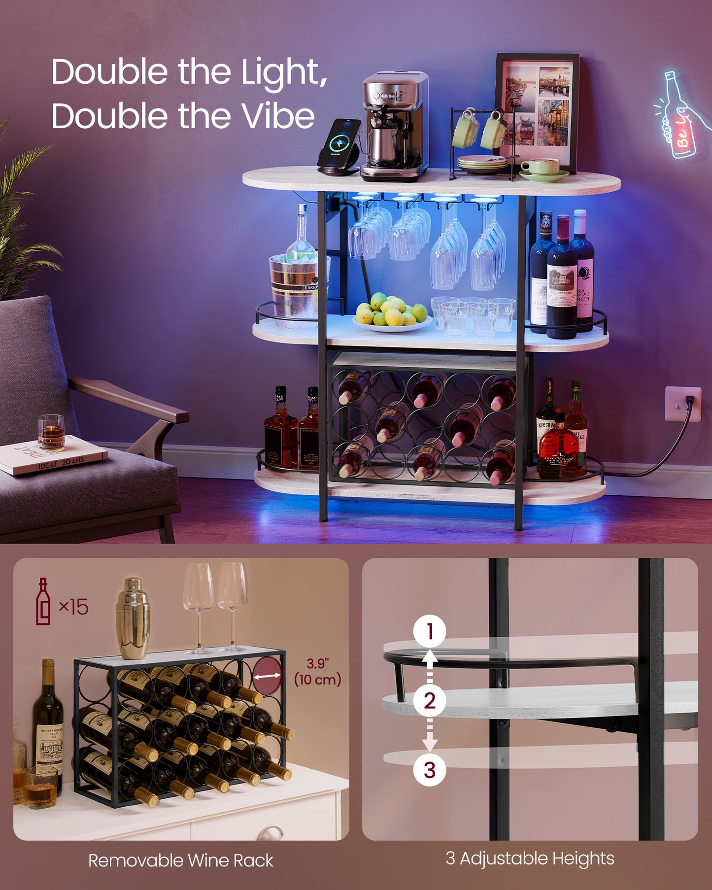 Bar Cabinets for Home, LED Coffee Bar with Power Outlets, Home Mini Bar for Liquor, Freestanding Wine Rack with Glass Holder, Kitchen, Dining Room, Rustic White