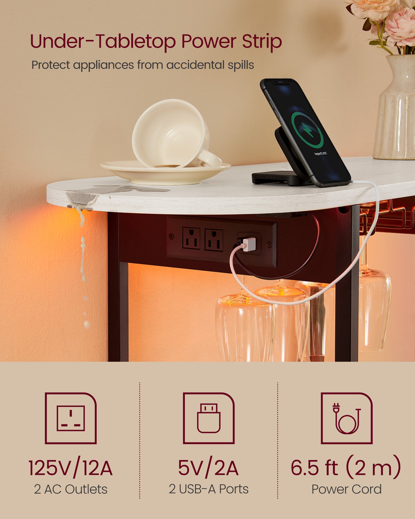 Bar Cabinets for Home, LED Coffee Bar with Power Outlets, Home Mini Bar for Liquor, Freestanding Wine Rack with Glass Holder, Kitchen, Dining Room, Rustic White
