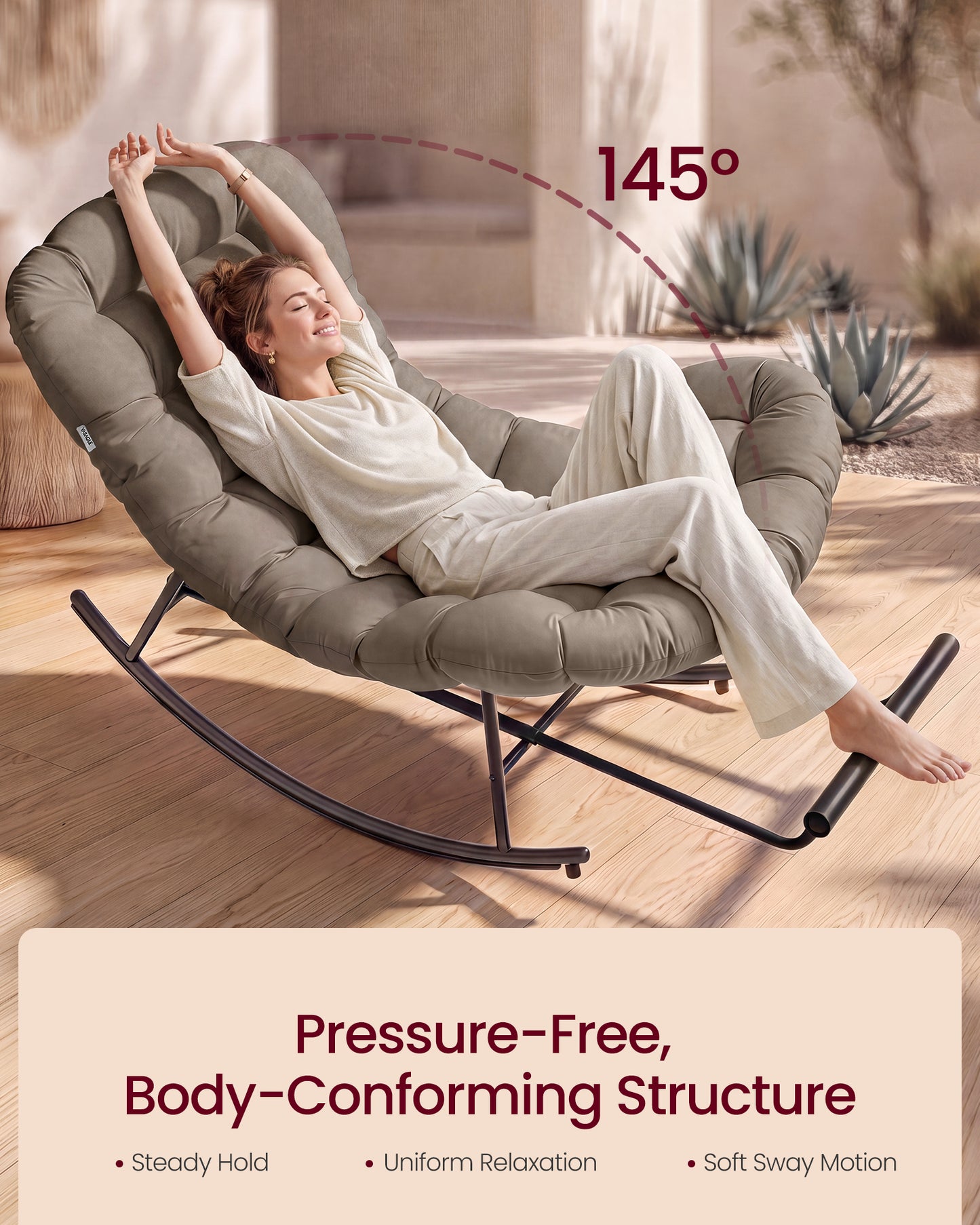 VASAGLE Papasan Chair, Outdoor Rocking Chair, Outdoor Furniture, Steel Frame, Extendable Footrest, Removable Cushion, Holds 300 lb, Cappuccino Beige