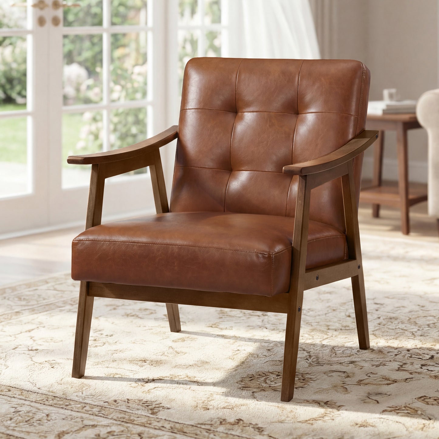 VASAGLE Accent Chair, PU Leather Armchair, Button Tufted Chair, Thick Cushion, Mid Century Modern Lounge Seating, Reading Nook, Brown