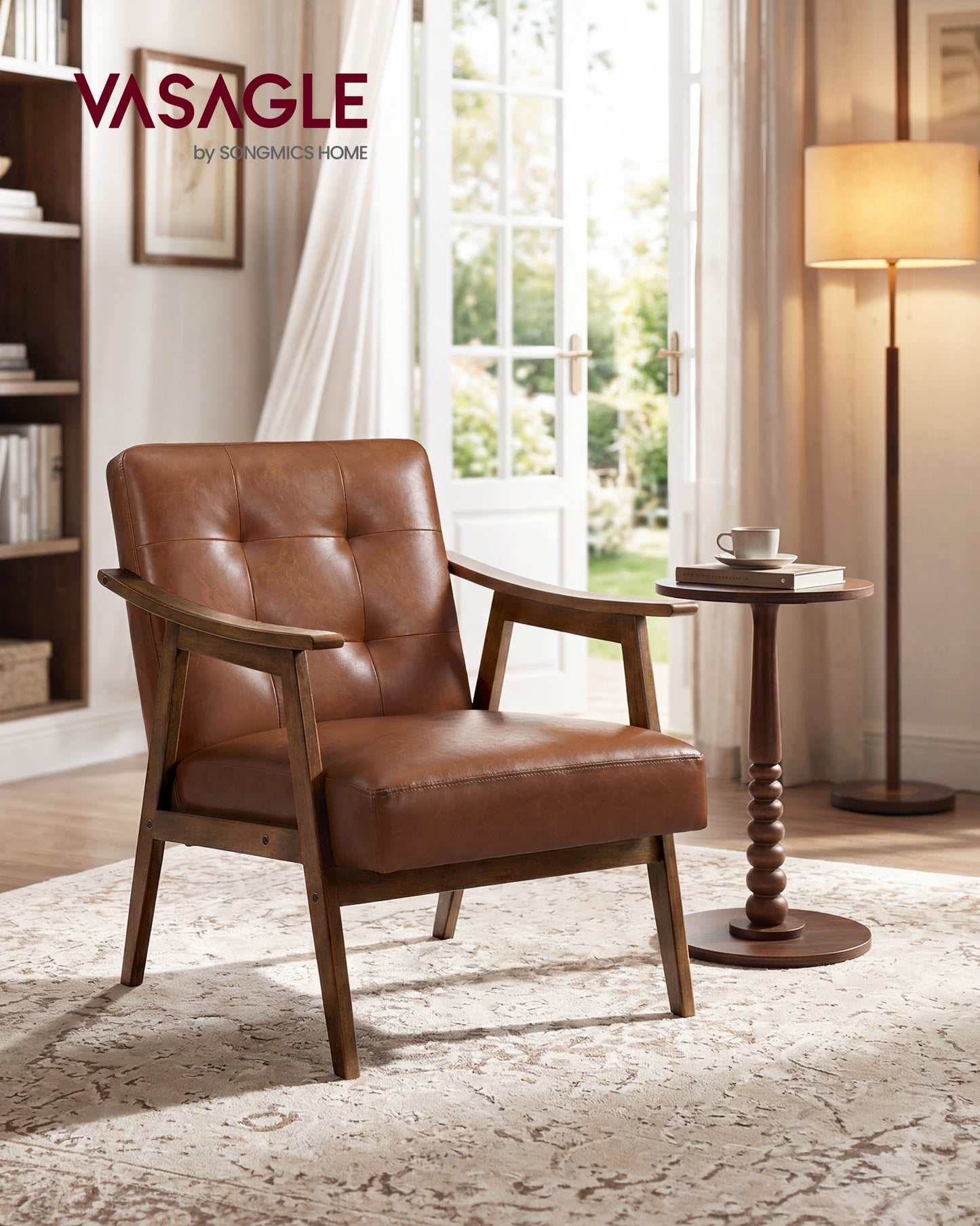 VASAGLE Accent Chair, PU Leather Armchair, Button Tufted Chair, Thick Cushion, Mid Century Modern Lounge Seating, Reading Nook, Brown