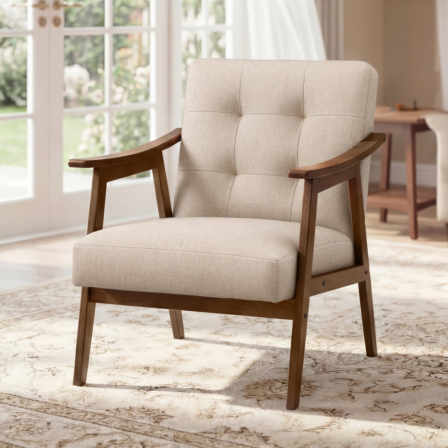 VASAGLE Accent Chair, Armchair, Button Tufted Living Room Chair, Thick Cushion, Mid Century Modern Lounge Seating, Reading Nook, Beige