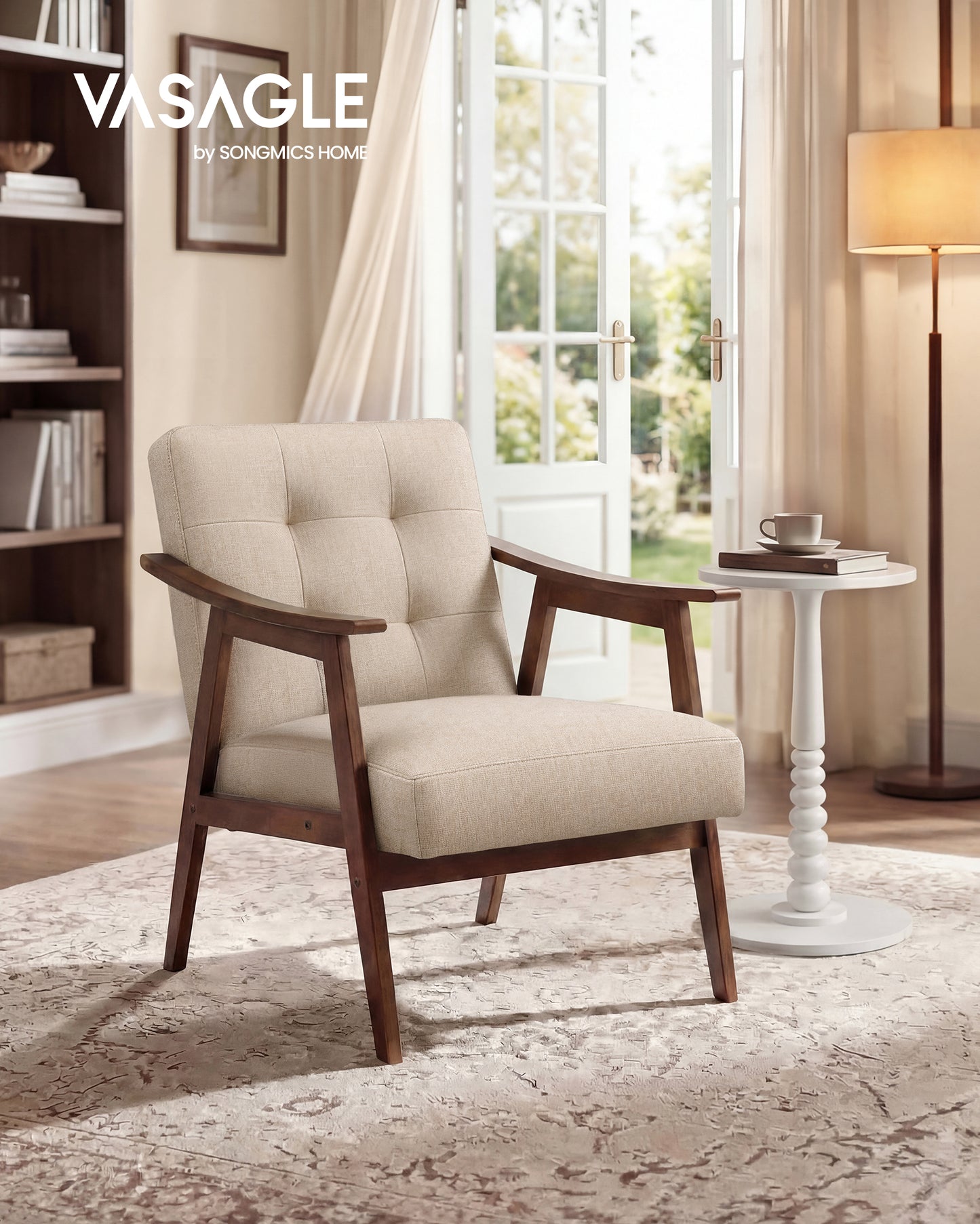 VASAGLE Accent Chair, Armchair, Button Tufted Living Room Chair, Thick Cushion, Mid Century Modern Lounge Seating, Reading Nook, Beige