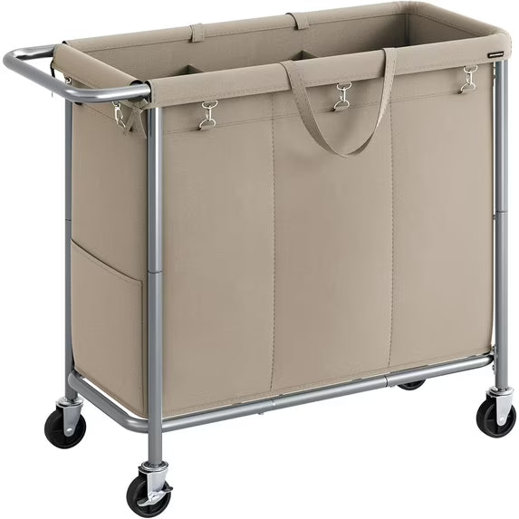 Laundry Basket with Wheels, 3-Section Rolling Laundry Hamper, 52.8 Gallons Removable Line Blanket Storage Camel Brown