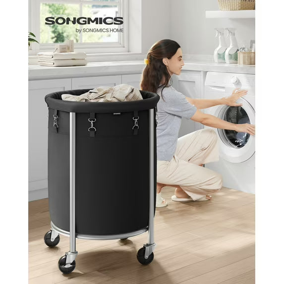 Laundry Basket with Wheels Rolling Laundry Hamper, 29 Gal. Round Laundry Cart with Removable Bag Black and Silver