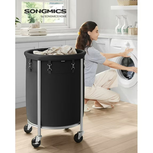 Laundry Basket with Wheels Rolling Laundry Hamper, 29 Gal. Round Laundry Cart with Removable Bag Black and Silver
