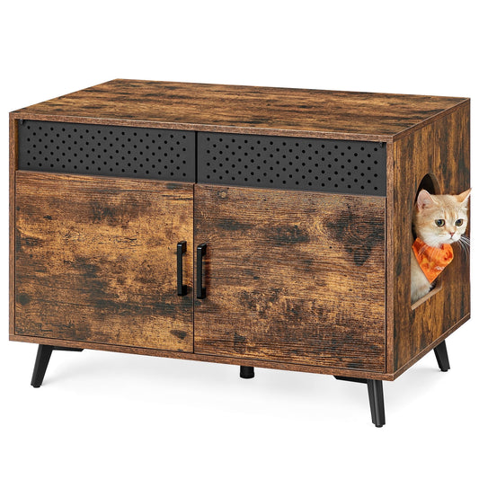 Litter Box Enclosure, Cat Litter Box Furniture Hidden, with Removable Divider, High Legs, Cat House for Indoor Cats, Side End Table, 31.5 x 19.7 x 21.7 Inches, Rustic Brown