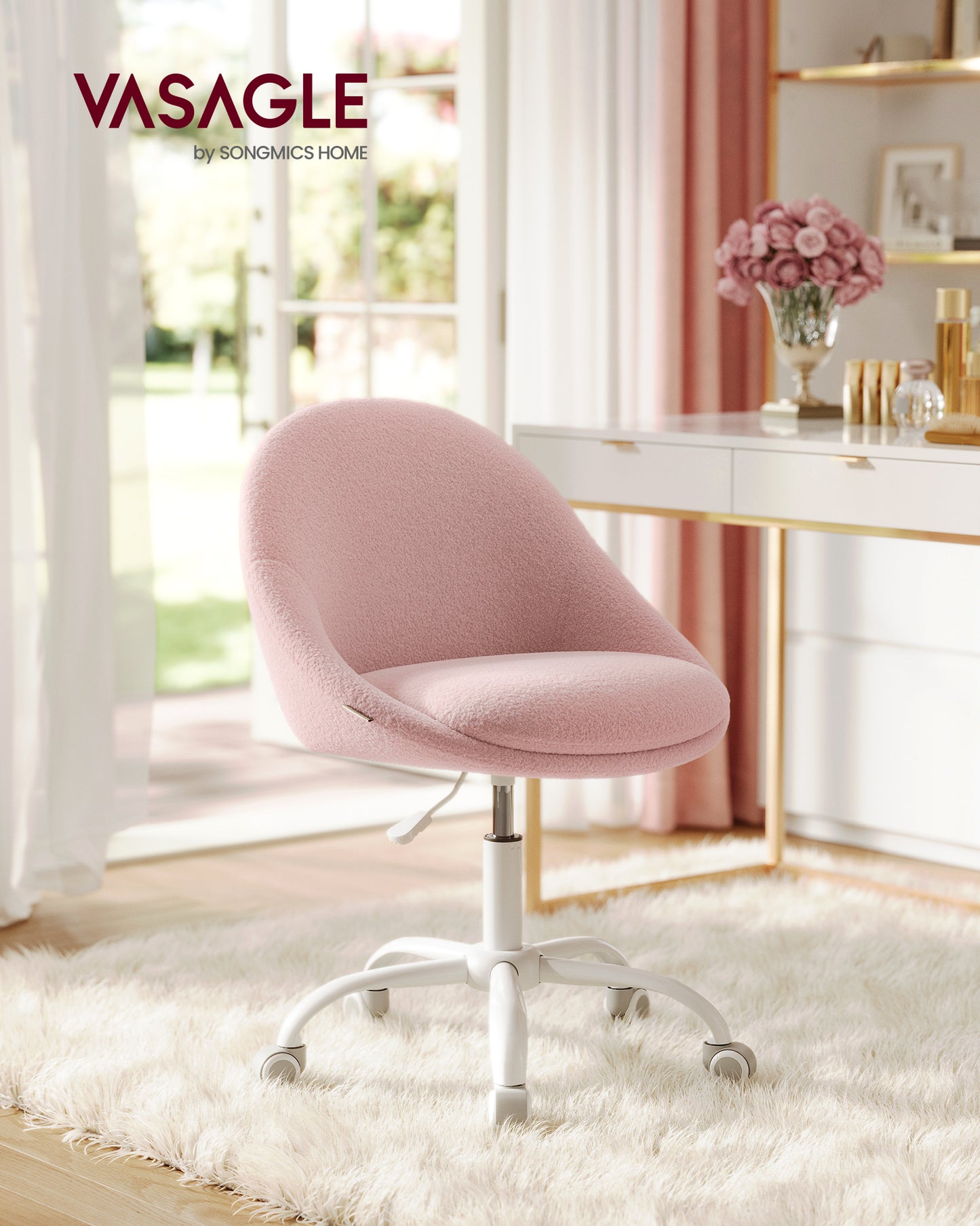 Adjustable Swivel Vanity Chair with Back Support - Teddy Fleece, Compact Design, 242 lb Capacity, Jelly Pink