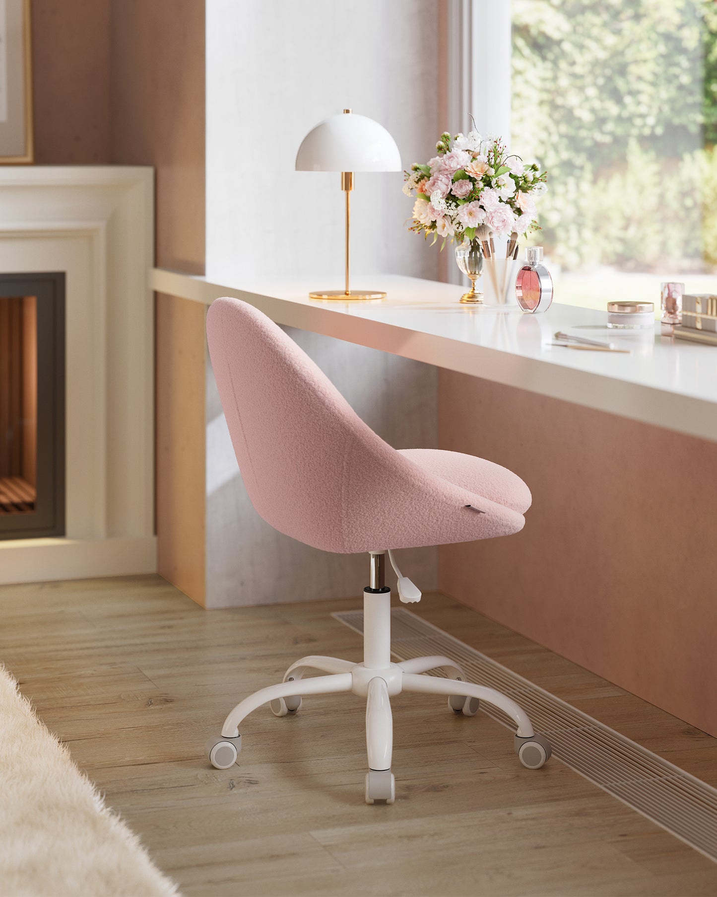 Adjustable Swivel Vanity Chair with Back Support - Teddy Fleece, Compact Design, 242 lb Capacity, Jelly Pink