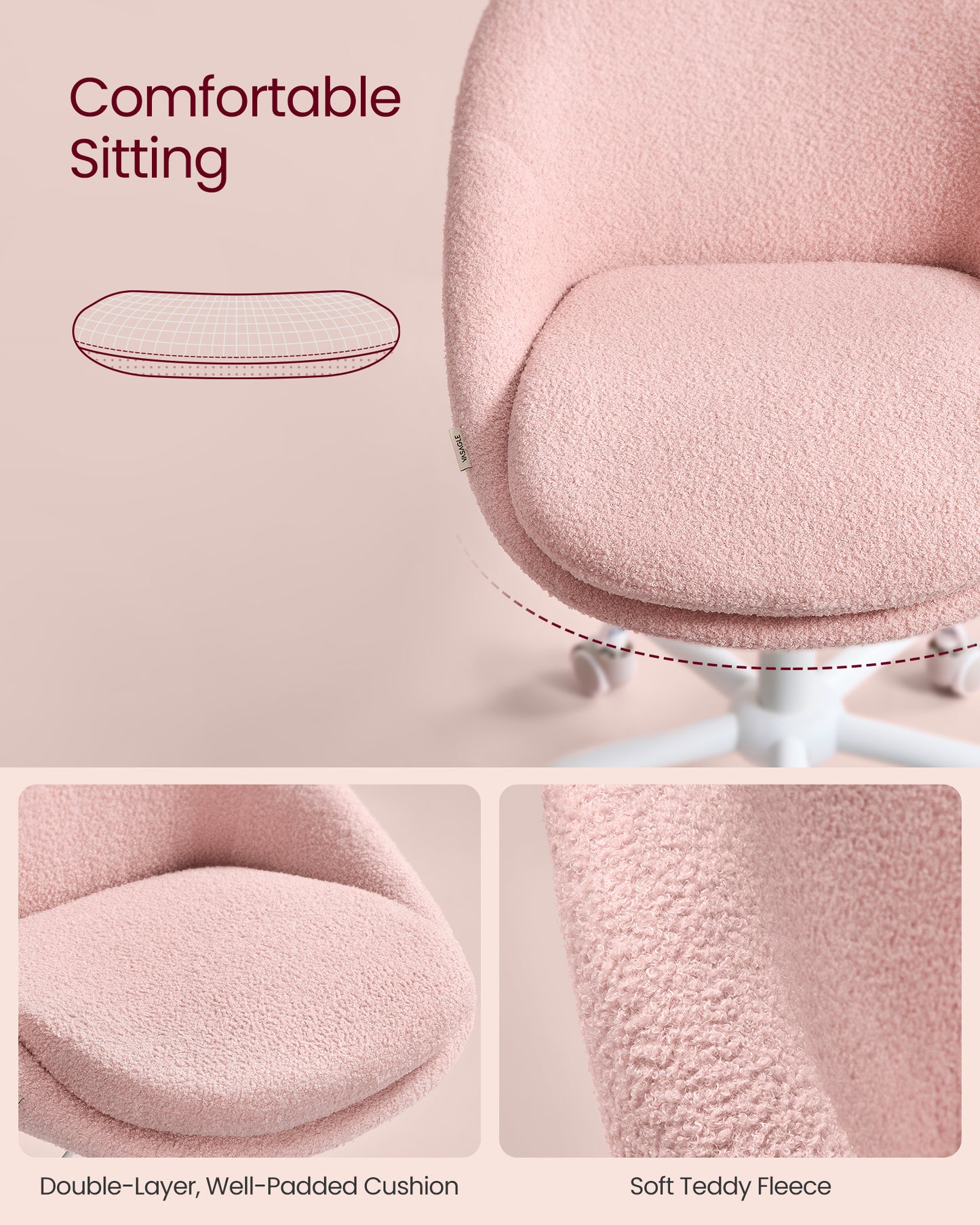 Adjustable Swivel Vanity Chair with Back Support - Teddy Fleece, Compact Design, 242 lb Capacity, Jelly Pink