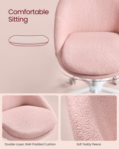 Adjustable Swivel Vanity Chair with Back Support - Teddy Fleece, Compact Design, 242 lb Capacity, Jelly Pink