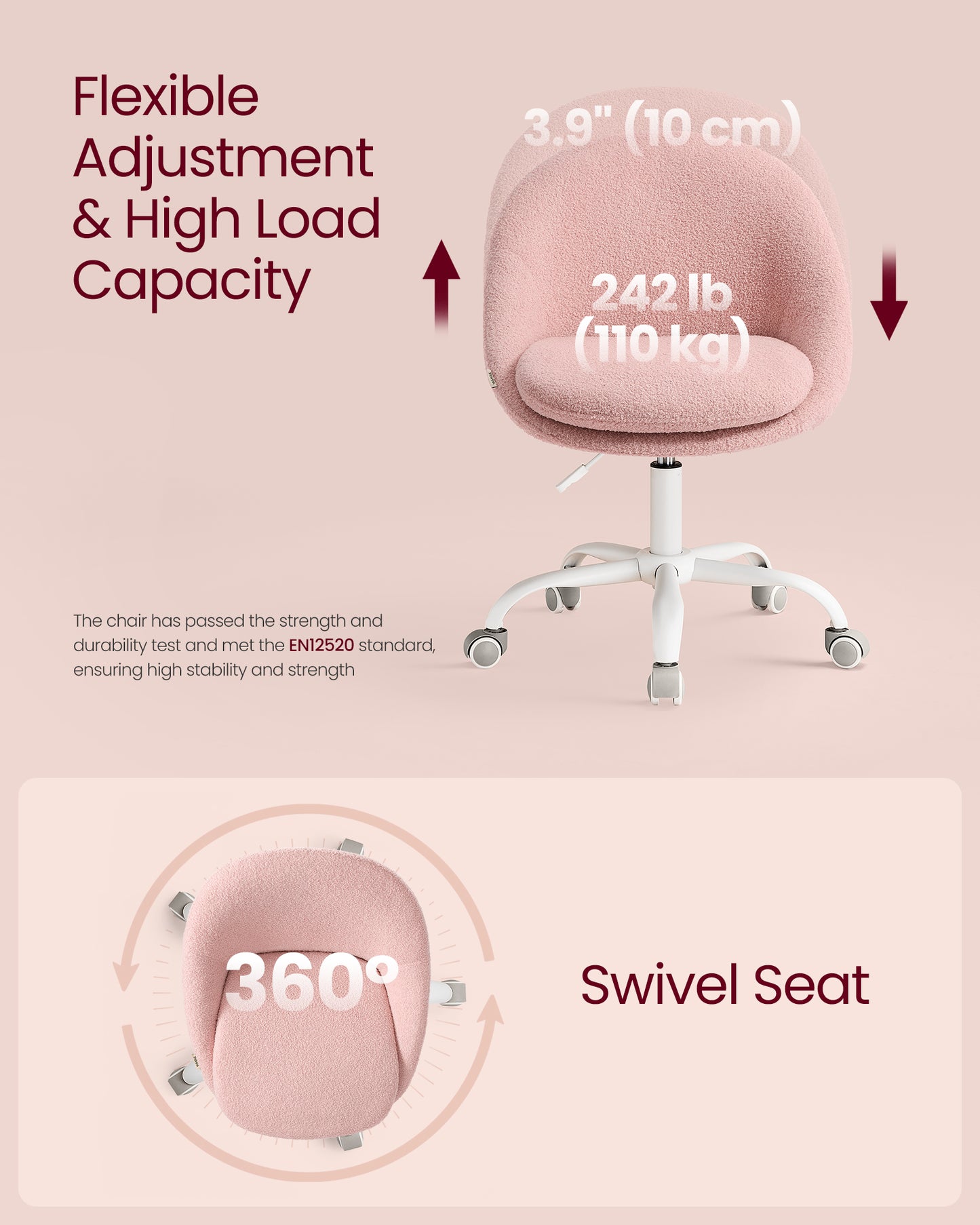 Adjustable Swivel Vanity Chair with Back Support - Teddy Fleece, Compact Design, 242 lb Capacity, Jelly Pink
