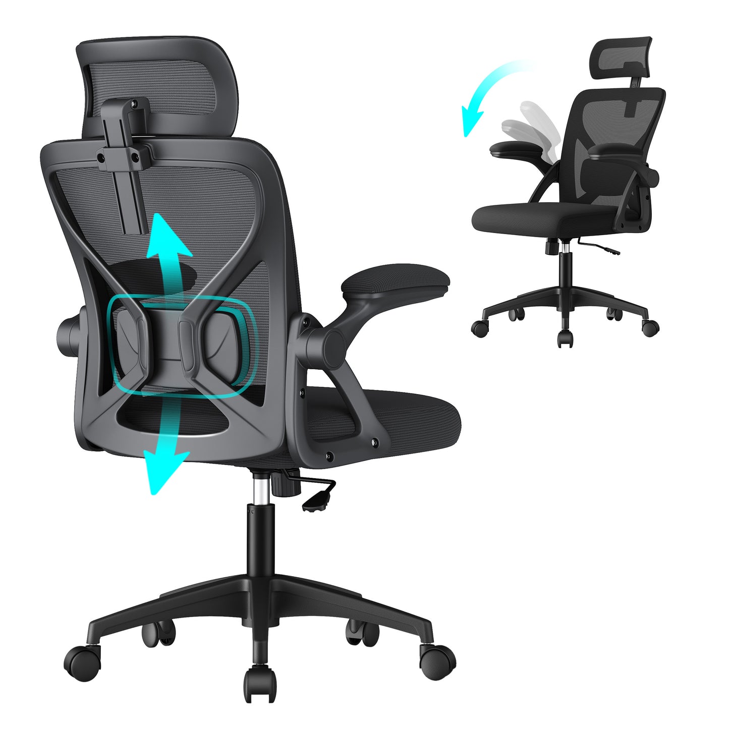 VASAGLE Ergonomic Mesh Office Chair with Adjustable Lumbar Support and Headrest, 90-105 Tilt Function, Wide Seat, Flip-Up Armrests, Ink Black