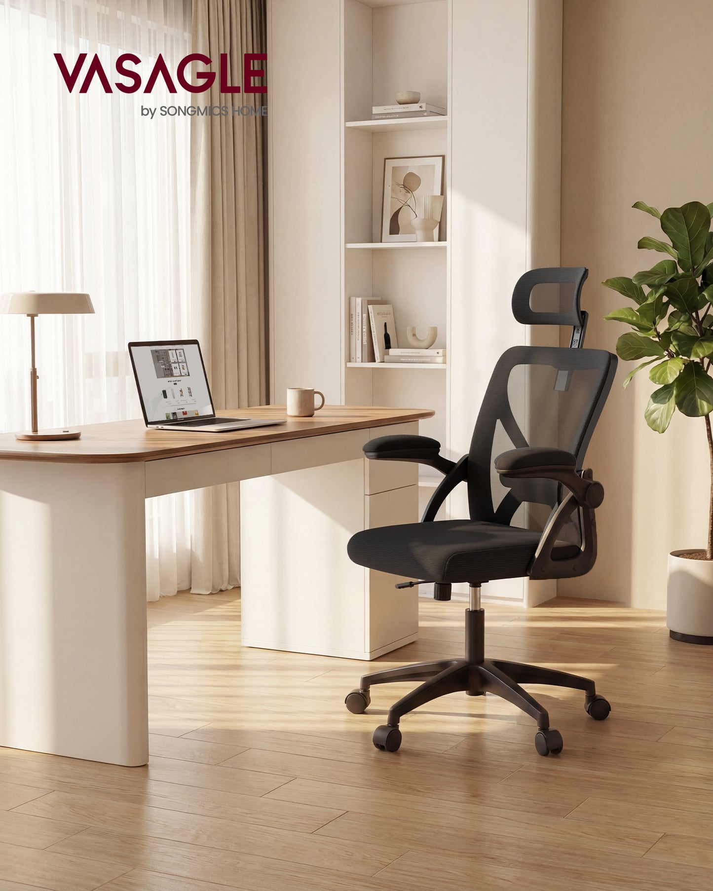 VASAGLE Ergonomic Mesh Office Chair with Adjustable Lumbar Support and Headrest, 90-105 Tilt Function, Wide Seat, Flip-Up Armrests, Ink Black