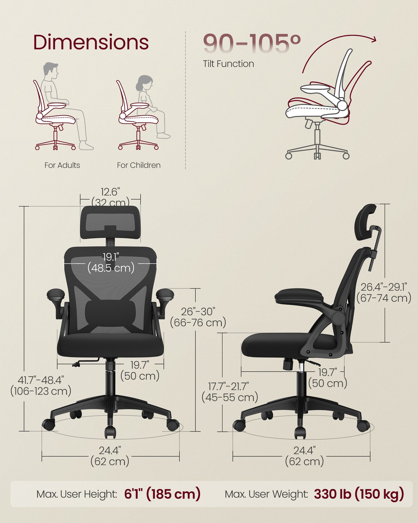 VASAGLE Ergonomic Mesh Office Chair with Adjustable Lumbar Support and Headrest, 90-105 Tilt Function, Wide Seat, Flip-Up Armrests, Ink Black