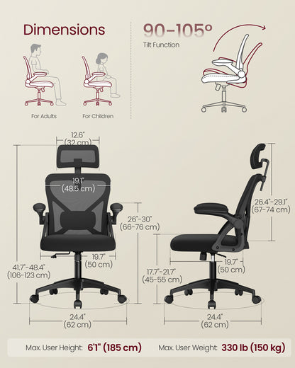 VASAGLE Ergonomic Mesh Office Chair with Adjustable Lumbar Support and Headrest, 90-105 Tilt Function, Wide Seat, Flip-Up Armrests, Ink Black