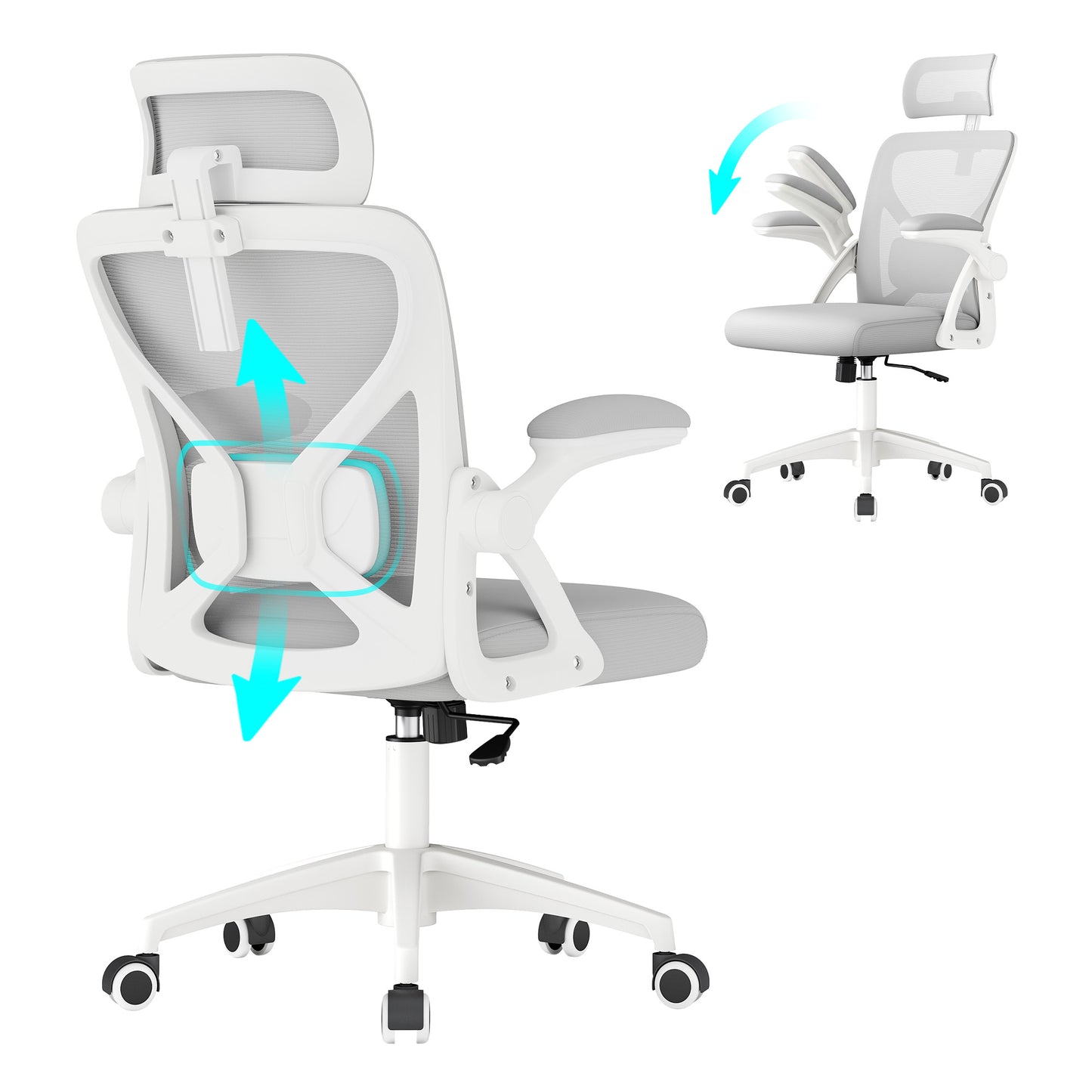 VASAGLE Ergonomic Mesh Office Chair with Adjustable Lumbar Support and Headrest, 90-105 Tilt Function, Wide Seat, Flip-Up Armrests, Dove Gray
