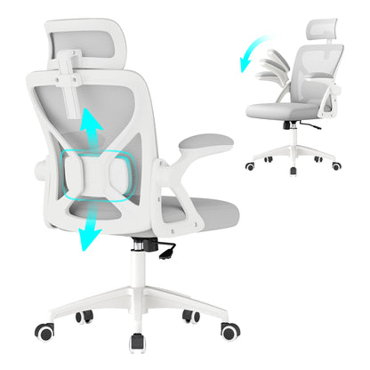 VASAGLE Ergonomic Mesh Office Chair with Adjustable Lumbar Support and Headrest, 90-105 Tilt Function, Wide Seat, Flip-Up Armrests, Dove Gray