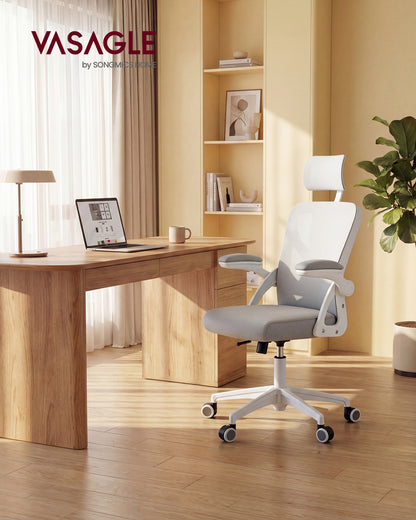 VASAGLE Ergonomic Mesh Office Chair with Adjustable Lumbar Support and Headrest, 90-105 Tilt Function, Wide Seat, Flip-Up Armrests, Dove Gray