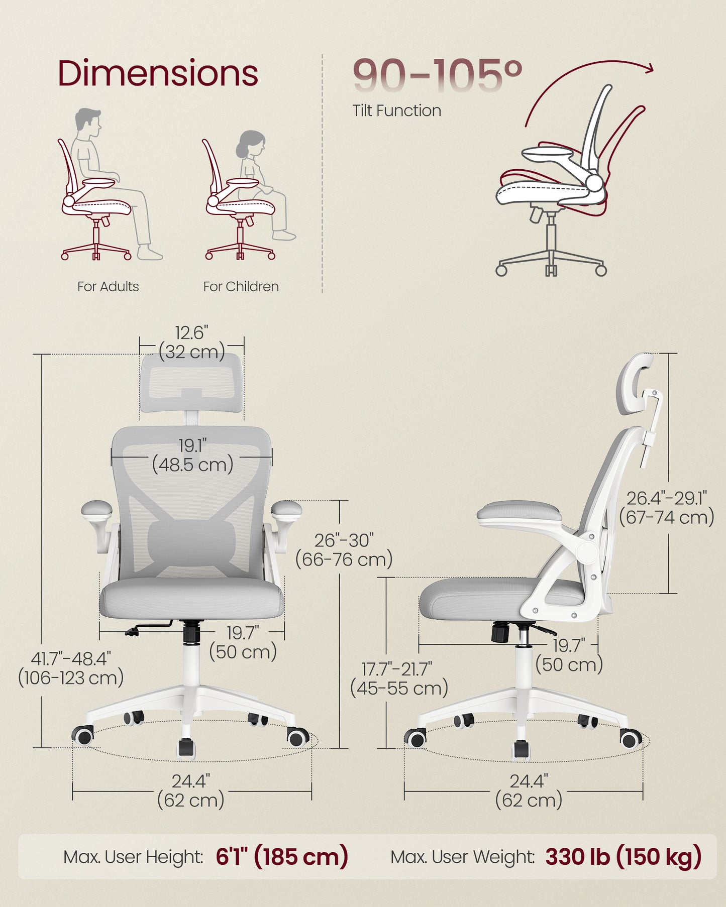 VASAGLE Ergonomic Mesh Office Chair with Adjustable Lumbar Support and Headrest, 90-105 Tilt Function, Wide Seat, Flip-Up Armrests, Dove Gray